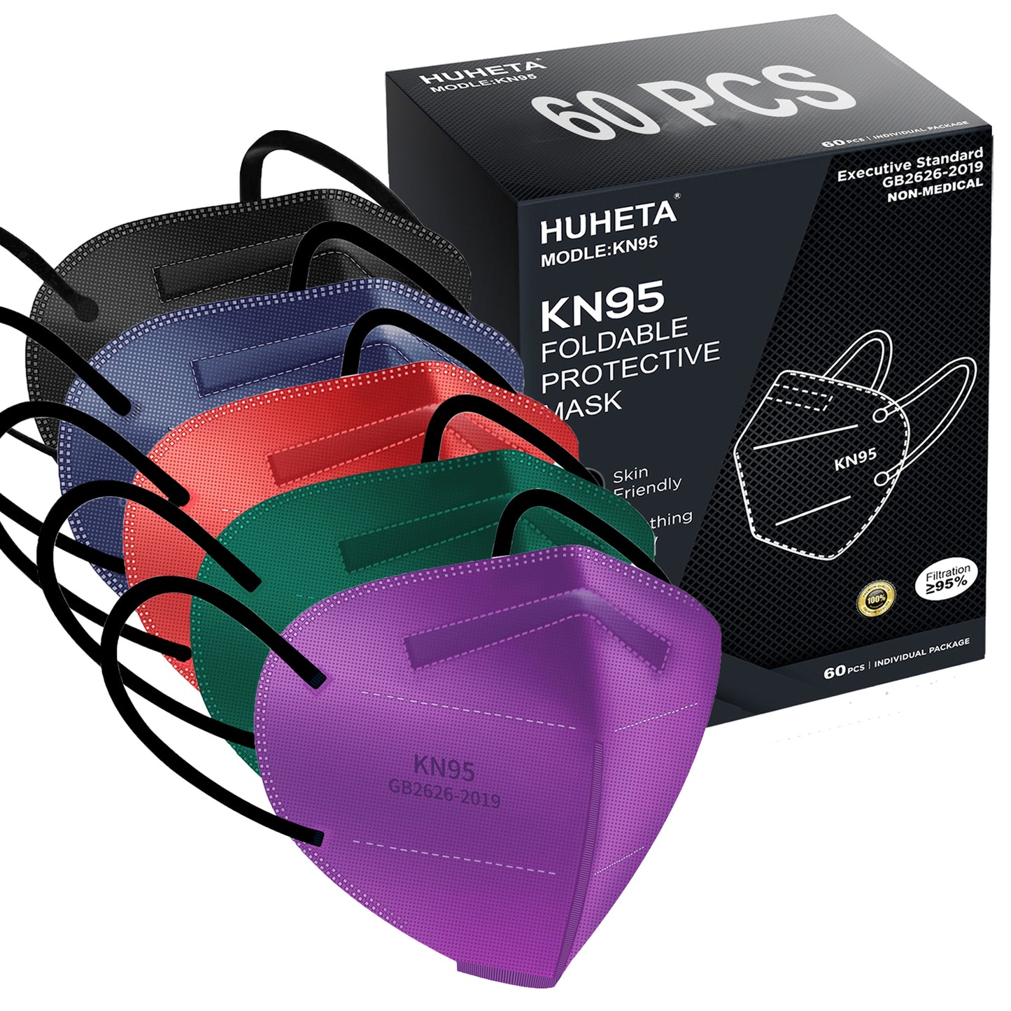 HUHETA KN95 Face Masks Individually Wrapped 60 Packs, 5-Ply Breathable Protective Disposable KN95 Mask for Adults, Multicolor