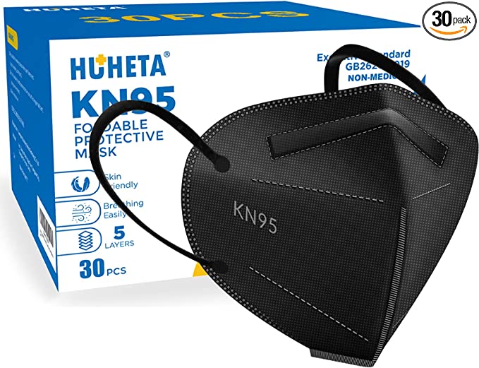 HUHETA KN95 Face Masks, Packs of 30 Black Mask, 5-Layers Mask Protection, Protective Cup Dust Masks for Outdoor Indoor Use