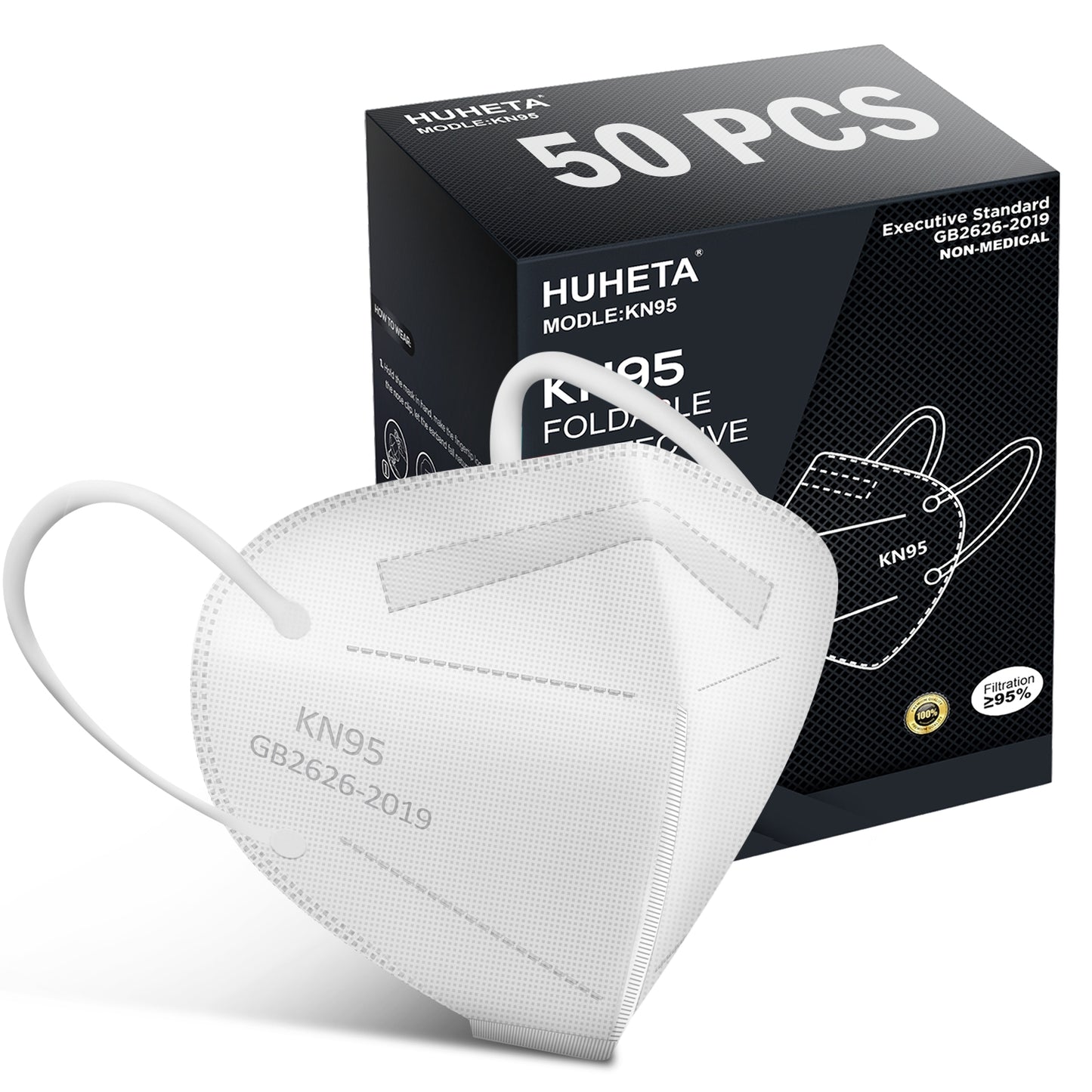 HUHETA 50 Packs KN95 Face Mask,5-Ply Breathable & Comfortable Filter Safety Mask (White)