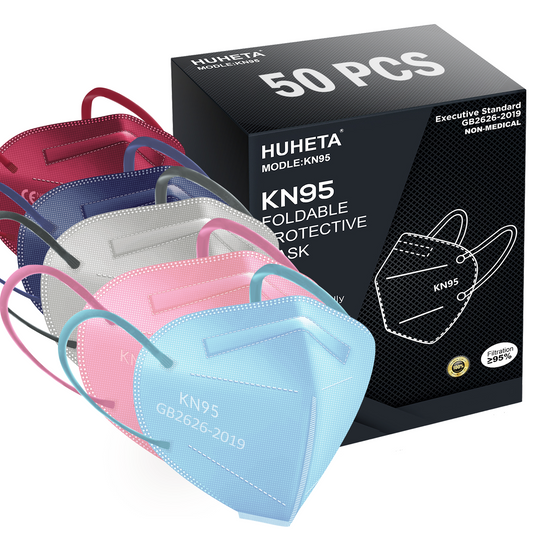 HUHETA KN95 Face Masks for Adults, 50 Packs KN95 Mask, 5-Layer Breathable and Comfortable Safety Mask, Filter Efficiency≥95%, Multi Color