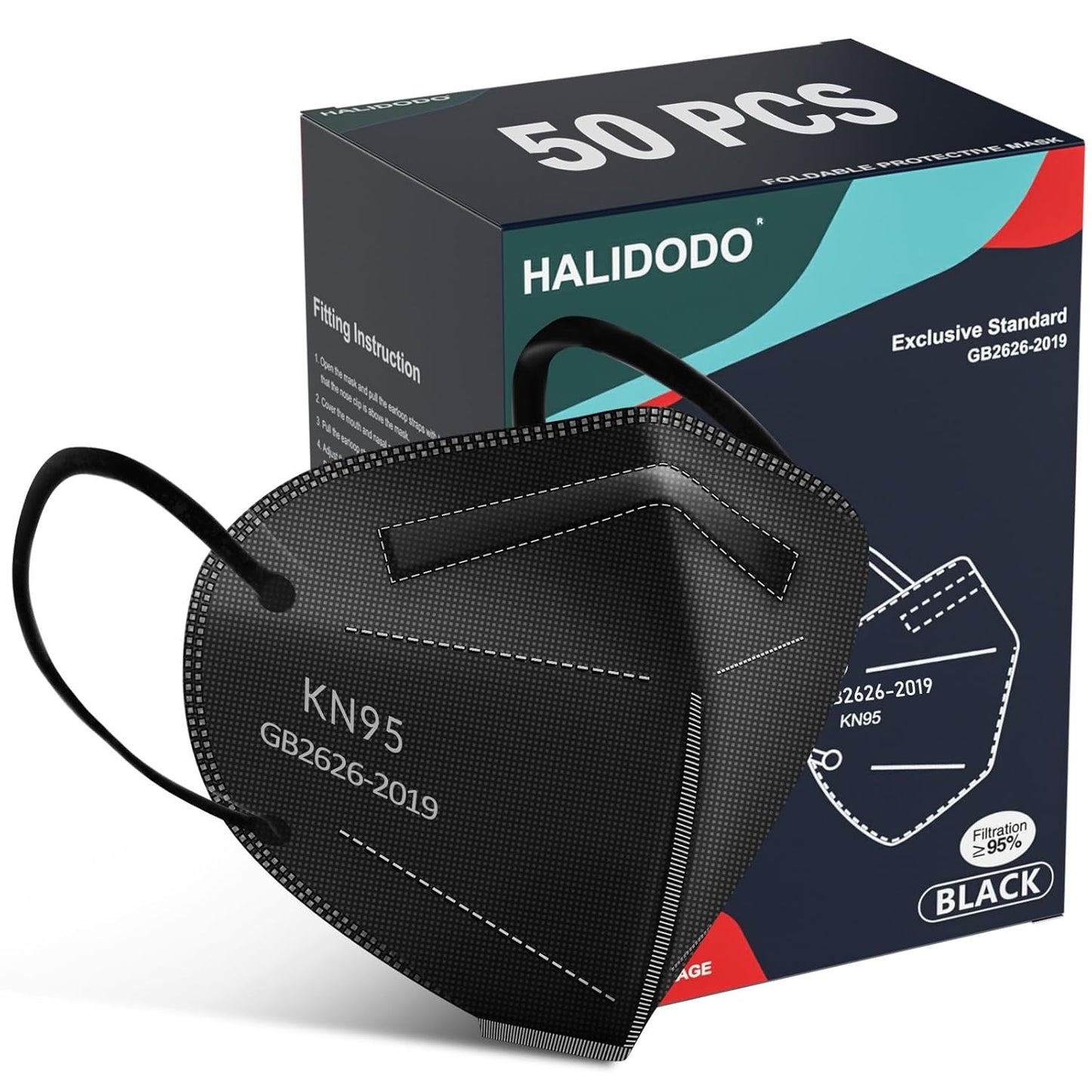 HALIDODO KN95 Face Mask, 50 Packs Breathable Masks, 5-Layer Filter Over 95% Filtration, Black