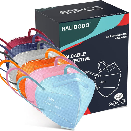 HALIDODO 60 Packs Individually Wrapped KN95 Face Mask 5-Ply Breathable & Comfortable Filter Safety Mask with Elastic Ear loop and Nose Bridge Clip, Protective Face Cover Mask, Multi Color