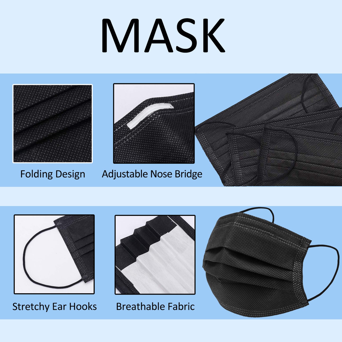 Pack of 50 Disposable Face Mask 3-Ply Breathable & Comfortable Safety Mask, Protective Masks for Indoor and Outdoor - Individually Wrapped (Black Mask)