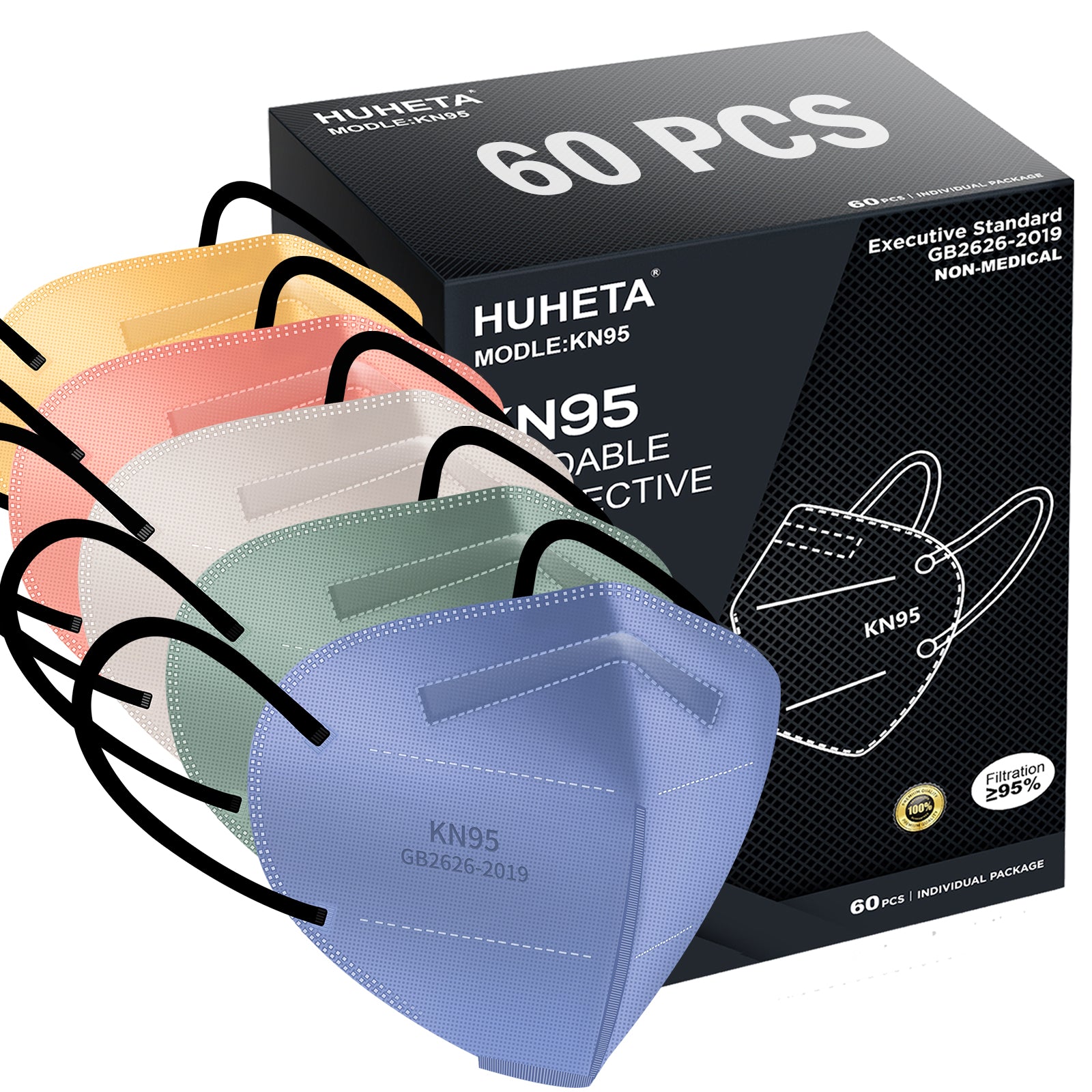 HUHETA KN95 Face Masks, 60 Packs KN95 Mask for Adults, 5-Layer Safety ...