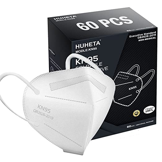 HUHETA KN95 Face Mask 60 Pack, 5-Ply Breathable & Comfortable Safety Mask, Filter Efficiency>=95%, Protective Cup Dust Masks Against PM2.5 - Individually Wrapped (White Mask)